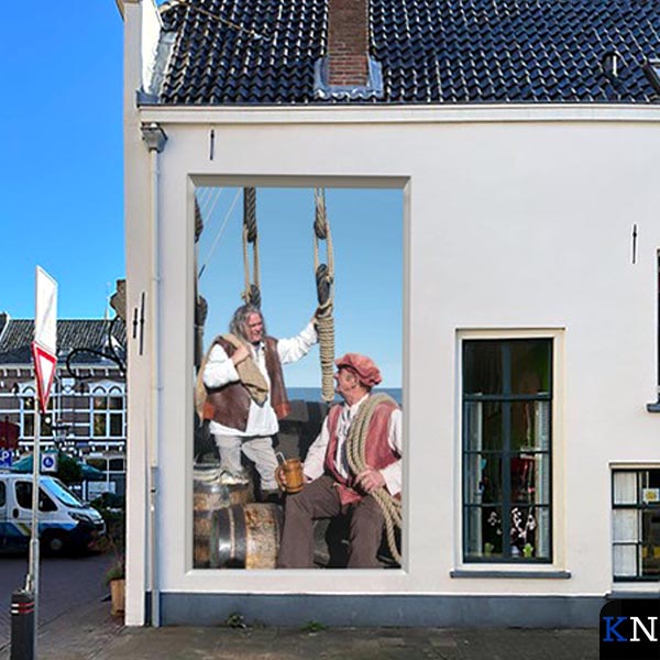 De beoogde gevel en tafereel voor de Hanzemuurschildering in Kampen.